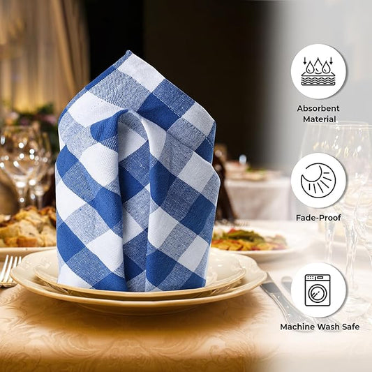 Urban Villa Cloth Napkins 100% Cotton Dinner Napkins Highly Absorbent 20x20 Inches (Set of 12) Blue White Buffalo Checks Reusable Washable Soft Durable Premium Napkins Ideal for Home Wedding Parties