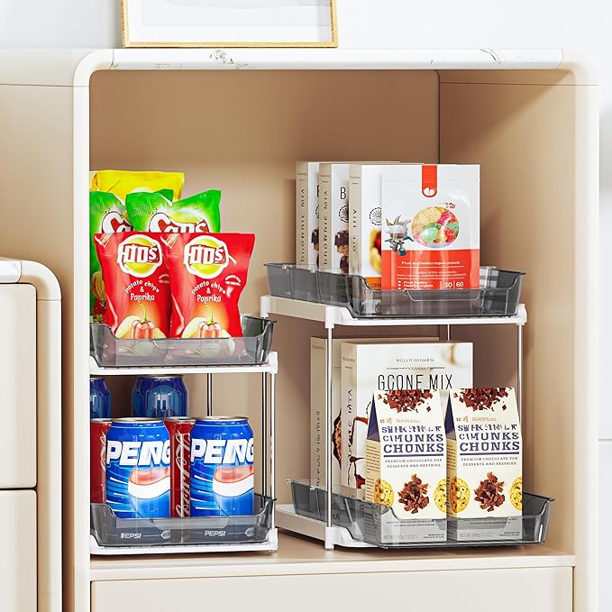 Delamu 2-Tier Multi-Purpose Bathroom Under Sink Organizers and Storage, Stackable Kitchen Pantry Organization, Pull Out Medicine Cabinet Organizer with Movable Dividers, Grey, 4 Pack