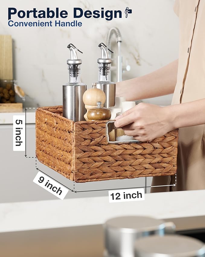 BLUEWEST Wicker Storage Baskets Pack 6, Woven Baskets for Storage, Laundry Water Hyacinth Basket for Organizing with Carrying Handles, Rattan Baskets (Brown, Rectangular)