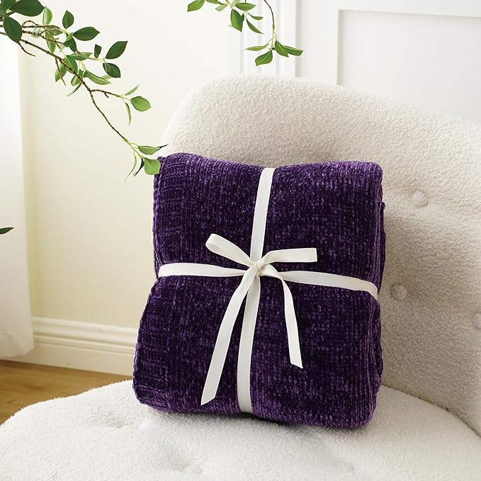BATTILO HOME Chenille Knitted Throw Blanket for Couch, Decorative Cozy Dark Purple Throw Blanket for Bed Sofa Outdoor, Super Soft Purple Blankets Chenille Blankets for Home Decor, 51"x67"