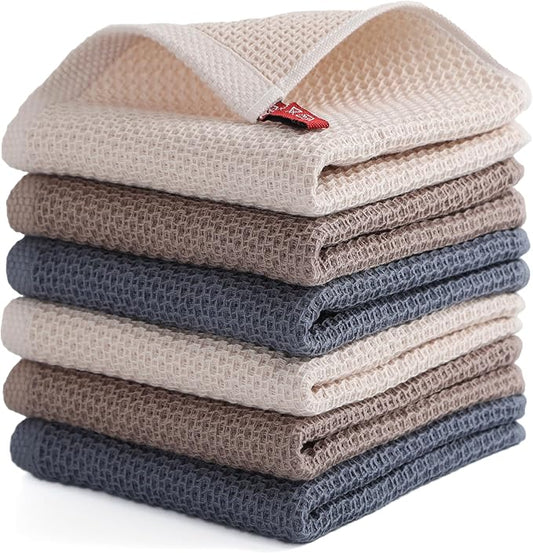 Dish Cloth for Kitchen 6 Packs Cotton Cleaning Rags in Waffle Wave, Ultra Soft Super Absorbent Dishcloth for Washing Dishes, 13” x 13” Quick Drying Reusable Dish Towels for Home Kitchen (Mixed Color)
