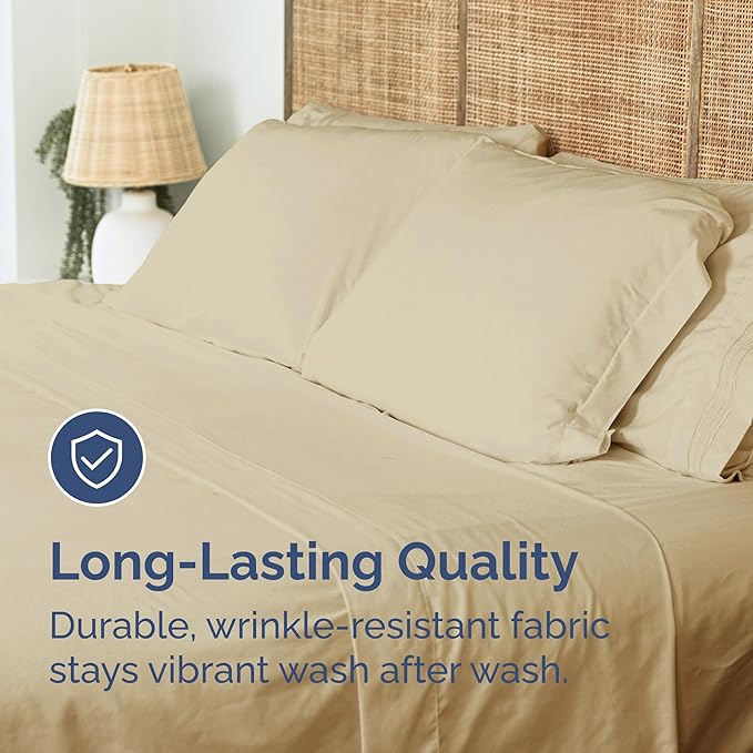 Twin XL Size Flat Sheet - Hotel Quality Top Flat Bed Sheet Only - Ultra-Soft, Breathable & Cooling - Fade & Wrinkle Free - Easy-Care, Stain & Shrink Resistant Bedding - Easy-Fit and Oeko-Tex - Beige