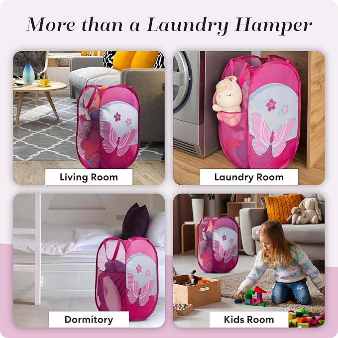 Handy Laundry Collapsible Mesh Pop Up Hamper with Wide Opening and Side Pocket - Breathable, Sturdy, Foldable, and Space-Saving Design for Clothes and Storage (Butterfly)