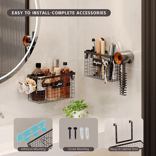 Magheo 2 Pack Hair Tool Organizer,Adhesive Hair Dryer Holder Cabinet Door/Wall Mounted Adjustable Height Blow Dryer Holder Under Sink Bathroom Hair Appliance Organizer and Storage Countertop(Black)