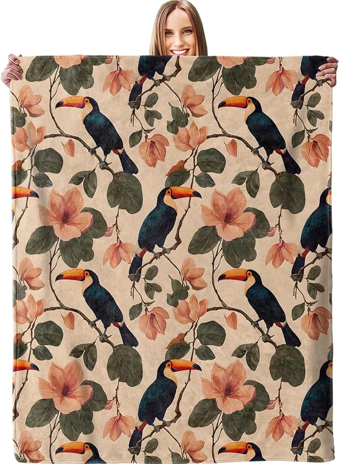 Toucan & Floral Blanket - Plush, Soft, Comfy, Lightweight, Warm, Fuzzy, Cozy Flannel Throw Blanket for Couch, Travel, Bed, Office, Outdoor - 60in×80in