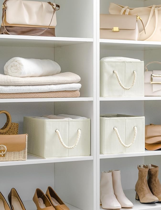 StorageWorks Storage Baskets for Shelves, Foldable Fabric Closet Storage Bins with Handles, Fabric Storage Bins Clothes Organizer, Beige, White & Ivory, 3-Pack, Large