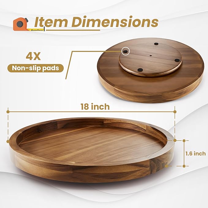 18" Acacia Wood Lazy Susan for Table Top - Wooden Brown Turntable Serving Tray for Charcuterie Boards Cheese Board - Extra Large Round Lazy Susan Organizer - Kitchen Revolution for Cabinet