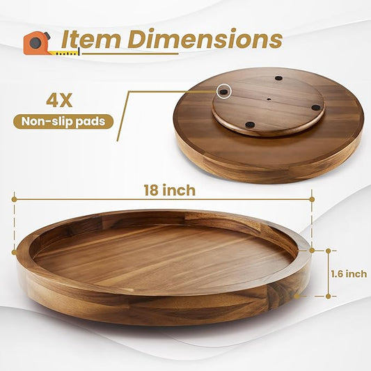 18" Acacia Wood Lazy Susan for Table Top - Wooden Brown Turntable Serving Tray for Charcuterie Boards Cheese Board - Extra Large Round Lazy Susan Organizer - Kitchen Revolution for Cabinet