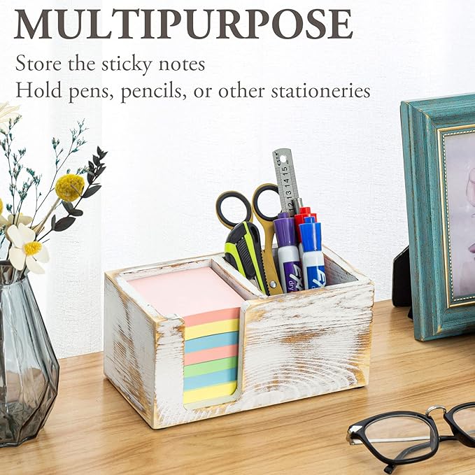 MyGift Shabby White Washed Solid Wood Sticky Note and Stationery Holder Stand, Office Desktop Storage Caddy for Self Adhesive Memo Pads Pen Pencil Marker