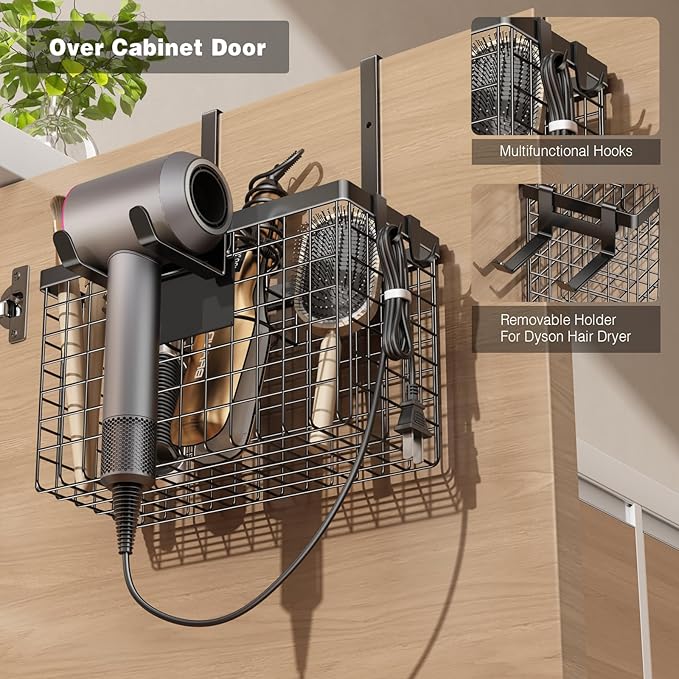 Voldra Hair Dryer Holder Cabinet Door, Adhesive Hair Tool Organizer Wall Mount Adjustable Height Blow Dryer Holder Under Sink/Countertop for Flat Curling Iron, Hair Brush and Straightener (1, Black)