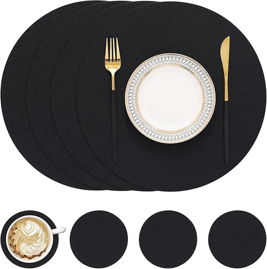 homing Round Faux Leather Placemat and Coaster 4 Packs, Washable Heat Resistant Dining Place Mats, Wipeable Double-Sided Table Mats for Indoor and Outdoor, Diameter 13 and 3.93 inch, Black