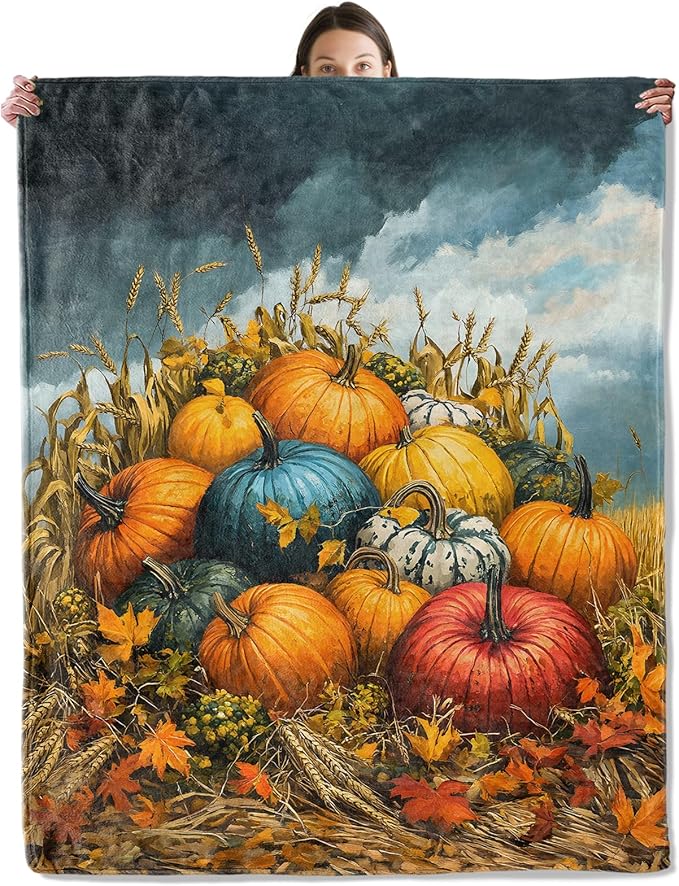 wyxdwh Harvest Pumpkin Patch Blanket, Cozy Flannel Rustic Field Throw Blanket for Couch Outdoor, Plush Soft Lightweight Travel Blankets for Bed Decor and Gifts, for Women Adults Kids 60"x80"