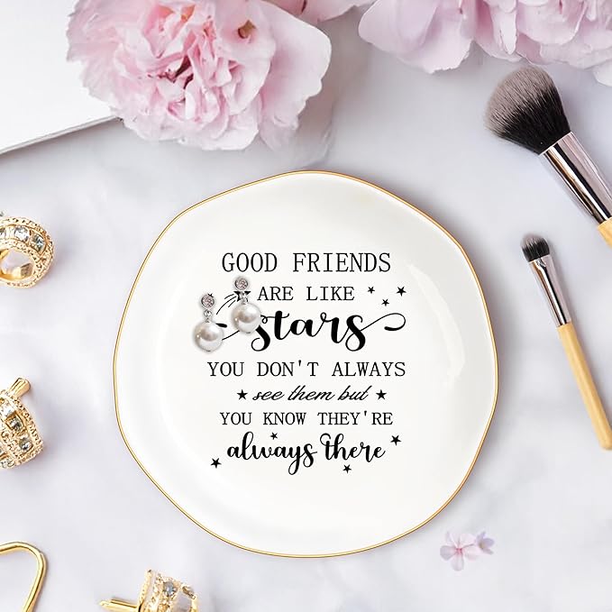 Friend Gifts Trinket Dish for Women, Unique Friendship Gifts, Good Friends are Like Stars Ceramic Ring Dish Jewelry Tray for Birthday Christmas Gift for Mom, Sister, Best Friends (GOOD Friends)