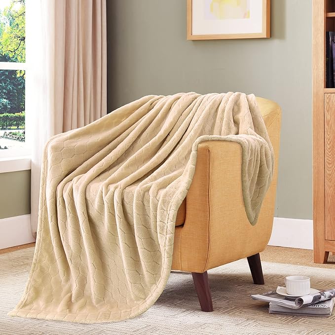 TOONOW Fleece Bed Blanket Queen Size 90x90 inches, Super Soft Fluffy Fuzzy Plush Blanket Geometric Pattern Cozy Microfiber Flannel Blankets for Couch, Bed, Sofa, Apricot