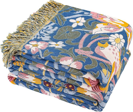 King Throw Blanket for Bed 100% Cotton Boho Oversized Soft Cozy Muslin Quilt Blanket Double Embroider Bird and Florals, Vintage Farmhouse Cottage Woven Blankets for Bedding Couch,90"×98"- Blue&Yellow