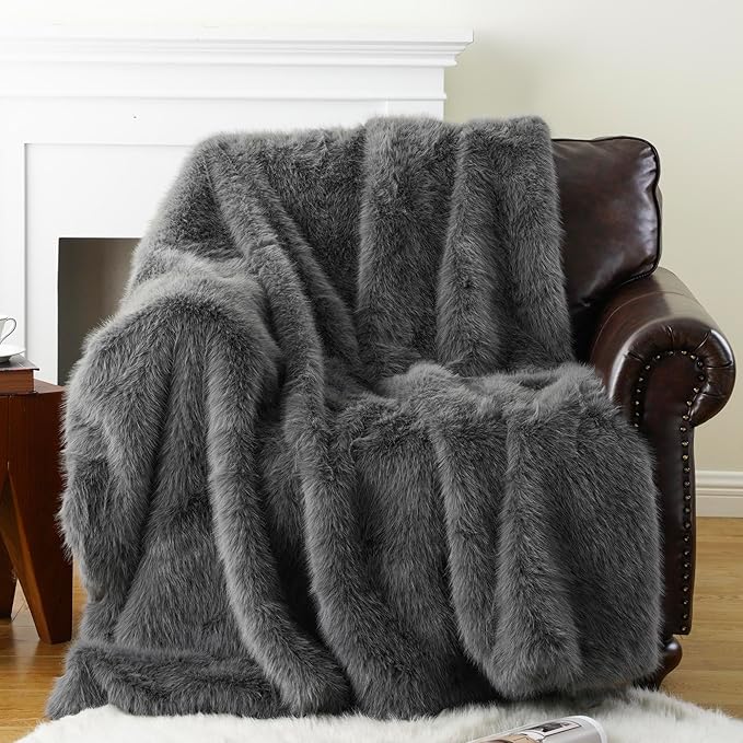 BATTILO HOME Luxury Fluffy Grey Faux Fur Throw Blanket, Cozy Warm Fur Blanket for Couch, Sofa, Chair, Bed, Plush Fuzzy Fur Throws with Long Pile, 50"x60"