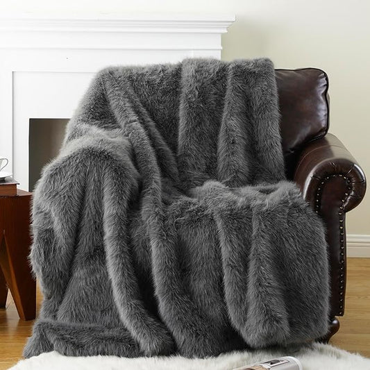 BATTILO HOME Luxury Fluffy Grey Faux Fur Throw Blanket, Cozy Warm Fur Blanket for Couch, Sofa, Chair, Bed, Plush Fuzzy Fur Throws with Long Pile, 50"x60"