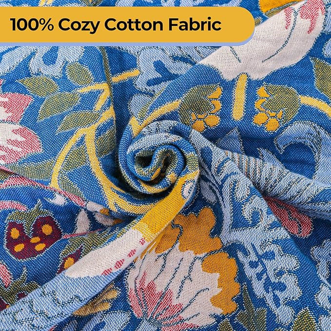 Queen Size Throw Blanket for Bed 100% Cotton Boho Oversized Soft Cozy Muslin Quilt Blanket Double Bird and Florals, Vintage Farmhouse Cottage Woven Blankets for Bedding Couch,90"×98"- Blue&Yellow