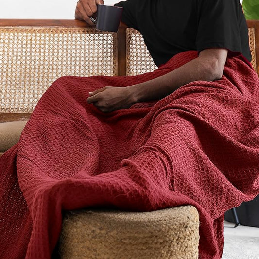 Salt Earth 100% Cotton Throw Blanket, Twin, 68"X92" Waffle Throws for Home, Bedrooms, Outdoor Couch, Office Couch, Modern Cozy Bed Room Decor Blankets,Lightweight All Season Western Blanket(Red)