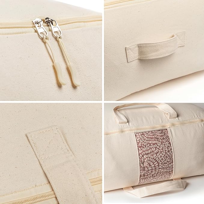 Soft Canvas Storage Bags with Zipper. Thick Breathable, 2pc King/Queen Comforter Organizer. Four Carrying Handles and Window. Large 25x19x9in Bag for Sheets Blankets Bedding Pillows, Clothes