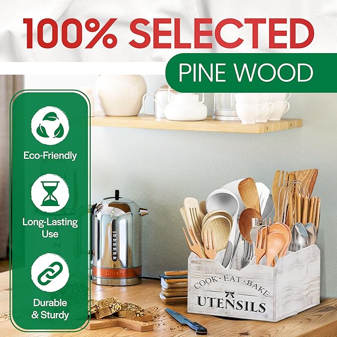 Bewbow [Upgraded] Extra Large Kitchen Utensil Holder for Countertop with 360° Rotating Base, 6 Compartments, Removable Divider, Wooden Utensil Organizer for Countertop, Farmhouse Kitchen Decor