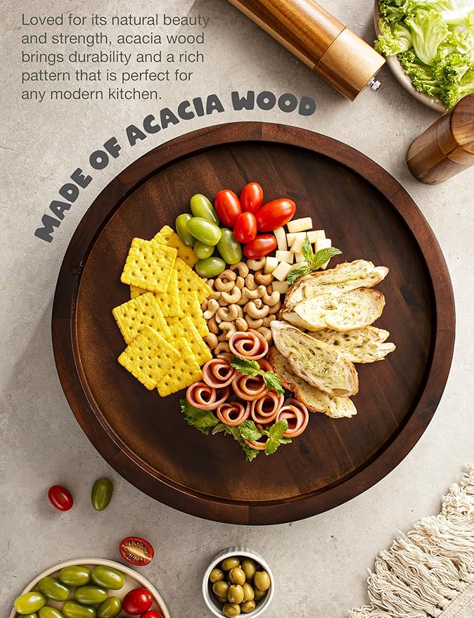 16" Acacia Lazy Susan Turntable for Table - Wooden Charcuterie Boards Cheese Board - Extra Large Lazy Susan Organizer - Kitchen Turntable for Cabinet, Pantry (16 Inch, Walnut)