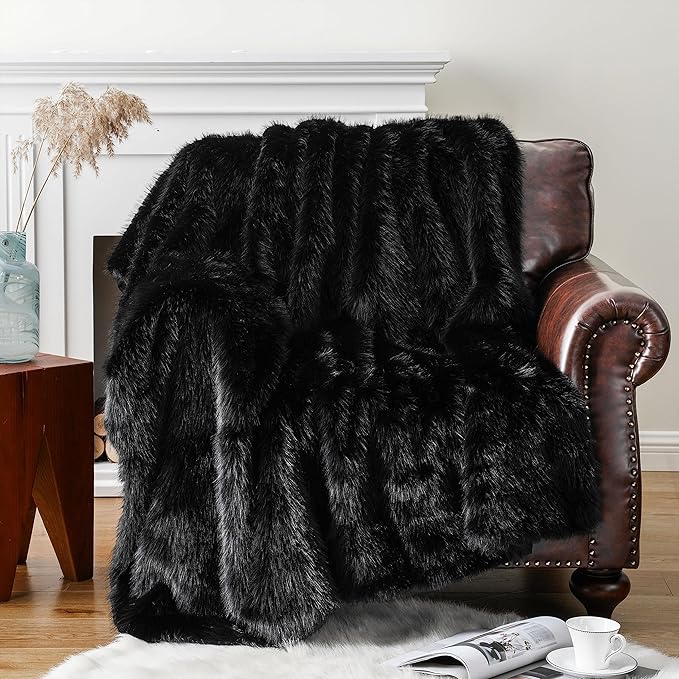 BATTILO HOME Luxury Fluffy Black Faux Fur Throw Blanket, Black Blanket for Couch, Sofa, Chair, Bed, Plush Fuzzy Cozy Fur Throws with Long Pile, 50"x60"