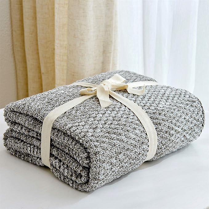 Longhui bedding Knitted Throw Blanket for Couch, Soft, Cozy Machine Washable 100% Cotton Sofa Blanket, Heavy 3.8lb Weight, Laundry Bag Included, Grey and White