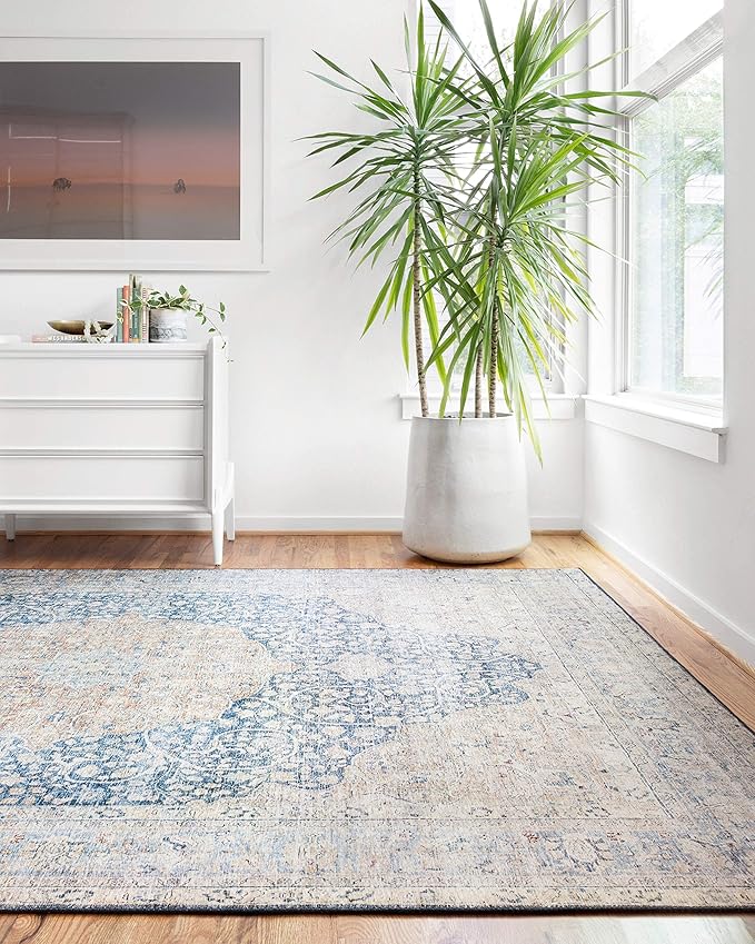 Loloi Layla Collection LAY-07 Blue/Tangerine 3'-6" x 5'-6" .13" Thick Accent Rug, Soft, Durable, Vintage Inspired, Distressed, Low Pile, Non-Shedding, Easy Clean, Printed, Living Room Rug
