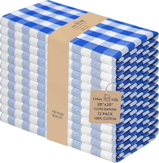 Urban Villa Cloth Napkins 100% Cotton Dinner Napkins Highly Absorbent 20x20 Inches (Set of 12) Blue White Buffalo Checks Reusable Washable Soft Durable Premium Napkins Ideal for Home Wedding Parties