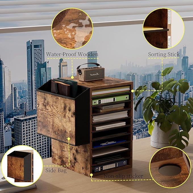 Unionly Office Mail Sorter, Wooden Paper Organizer with Storage Bag, 10 Tier Adjustable Classroom Mailbox, Removable Classroom Organization, Teacher Desk Organization for Office, Study, Brown