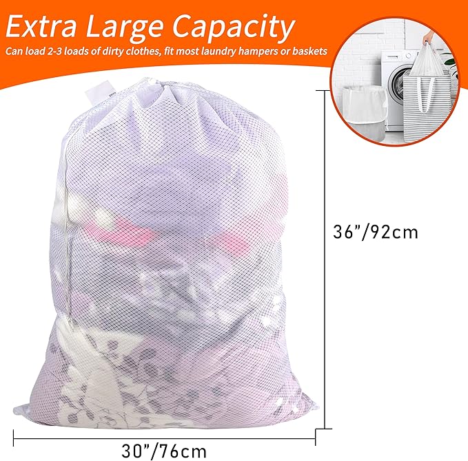 Polecasa Diamond Mesh Laundry Bags,2Pcs 30 x 36 inches Heavy Duty Mesh Laundry Bags with ID Tag and Drawstring Closure, Extra Large Laundry Hamper Liner, Laundry Bag for Travel, Sports,Dorms (White)