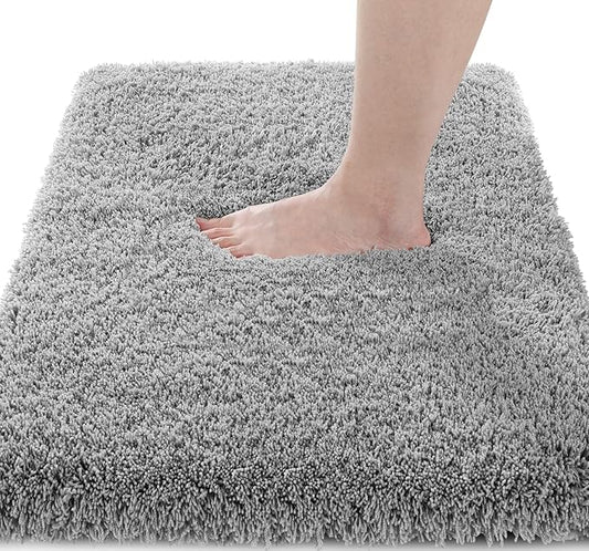 Yimobra Fluffy Plush Bath Rug, Super Shaggy Soft Comfortable Non Slip, Water Absorbent Microfiber Bath Mat, Dries Quickly, Machine Washable Thick Bathroom Rugs for Shower, 44"x 24", Pure Gray
