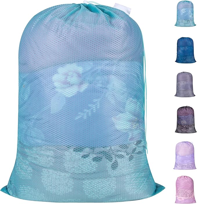 Polecasa Heavy Duty Diamond Large Mesh Laundry Bag with ID Tag and Locking Drawstring Closure - 24 x 36 inches - Laundry Hamper Liner, Washable Laundry Bags for Travel, Sports, Dorms (Aqua)