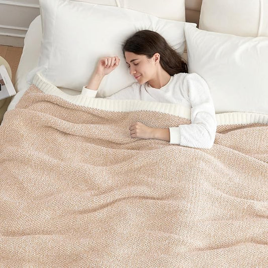 Snuggle Sac Queen Size Bedding Blankets, Super Soft Warm Oversized Bed Blankets Cozy Knit Fuzzy Blankets for Bed, Heather Beige, 90x90 inches