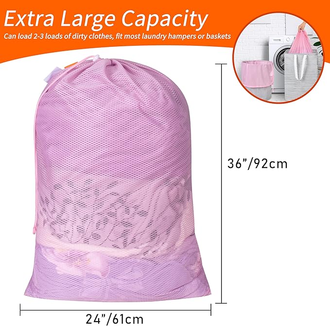 Polecasa Heavy Duty Diamond Large Mesh Laundry Bag with ID Tag and Locking Drawstring Closure - 24 x 36 inches - Laundry Hamper Liner, Washable Laundry Bags for Travel, Sports, Dorms (Pink)