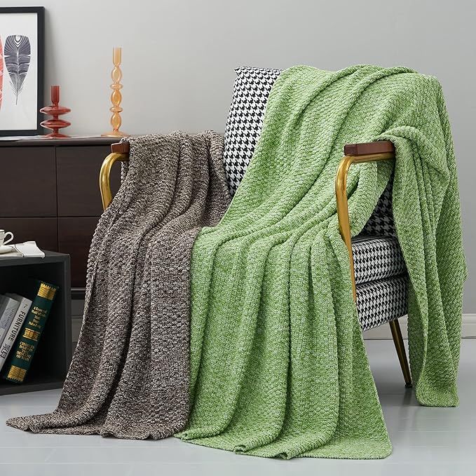 Longhui bedding Green Knitted Throw Blanket for Couch, Soft, Cozy Machine Washable 100% Cotton Sofa Knit Blankets, Heavy 4.0lb Weight, 60 x 80 Inches, Grass Green