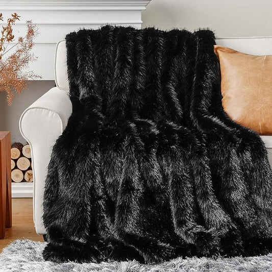 BATTILO HOME Luxury Fluffy Black Faux Fur Throw Blanket, Black Blanket for Couch, Sofa, Chair, Bed, Plush Fuzzy Cozy Fur Throws with Long Pile, 50"x60"