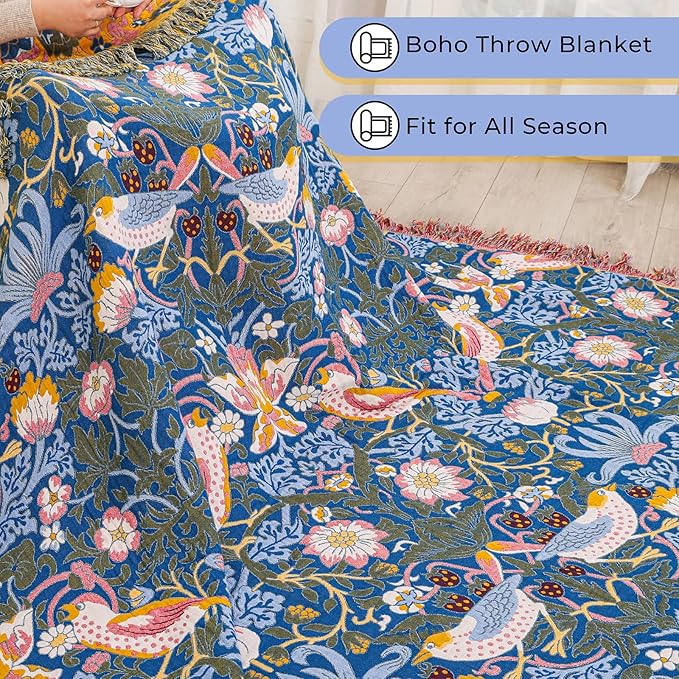 King Throw Blanket for Bed 100% Cotton Boho Oversized Soft Cozy Muslin Quilt Blanket Double Embroider Bird and Florals, Vintage Farmhouse Cottage Woven Blankets for Bedding Couch,90"×98"- Blue&Yellow