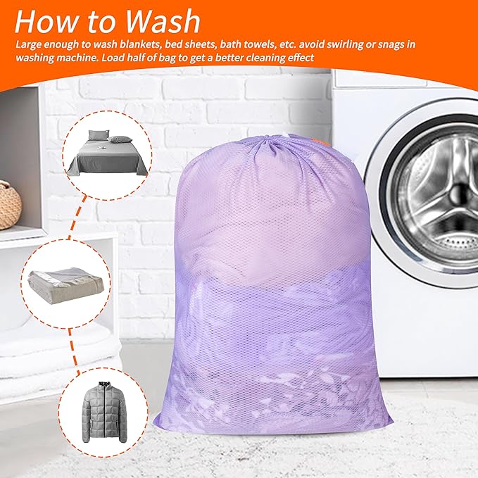 Polecasa Heavy Duty Diamond Large Mesh Laundry Bag with ID Tag and Locking Drawstring Closure - 24 x 36 inches - Laundry Hamper Liner, Washable Laundry Bags for Travel, Sports, Dorms (Purple)