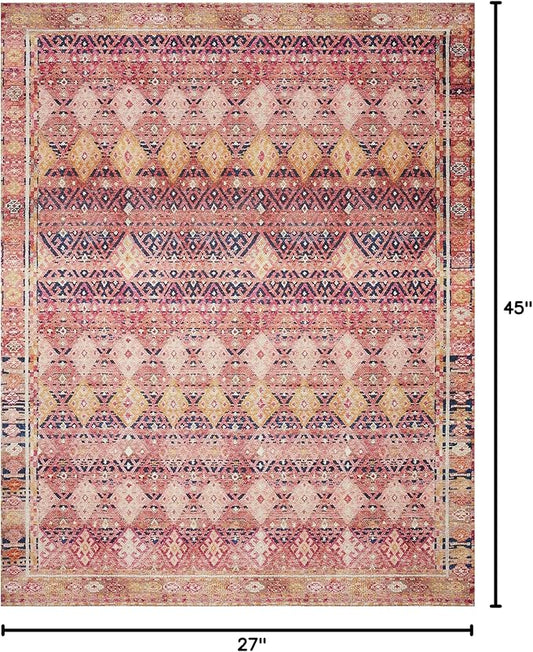 Loloi Layla Collection LAY-15 Magenta/Multi 2'-3" x 3'-9" .13" Thick Accent Rug, Soft, Durable, Vintage Inspired, Distressed, Low Pile, Non-Shedding, Easy Clean, Printed, Living Room Rug