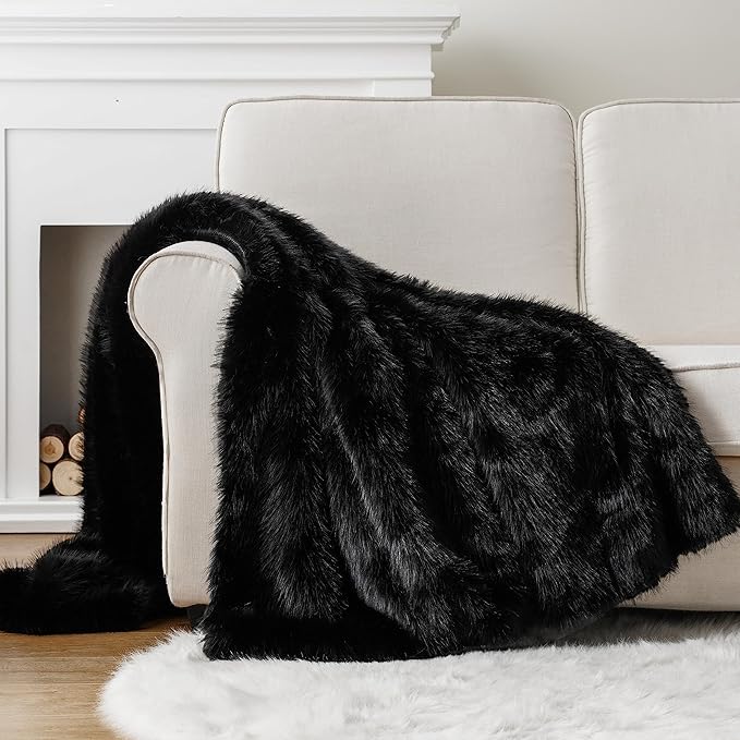 BATTILO HOME Luxury Fluffy Black Faux Fur Throw Blanket, Black Blanket for Couch, Sofa, Chair, Bed, Plush Fuzzy Cozy Fur Throws with Long Pile, 50"x60"