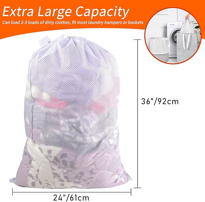 Polecasa Extra Heavy Duty Large Diamond Mesh Laundry Bags with Drawstring Closure & ID Tag, 24 x 36 inches Washable Storage Bag for College, Travel, Sports, Dorms, White