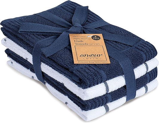 AMOUR INFINI Kitchen Towels Pack of 4 Absorbent, Quick Drying Premium Terry Cotton Dish Towel with Hanging Loop 16x28 Inch Hand & Tea Towels (Blue)