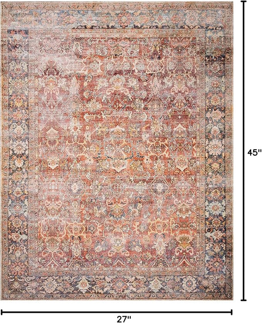 Loloi Layla Collection LAY-02 Spice/Marine 2'-3" x 3'-9" .13" Thick Accent Rug, Soft, Durable, Vintage Inspired, Distressed, Low Pile, Non-Shedding, Easy Clean, Printed, Living Room Rug