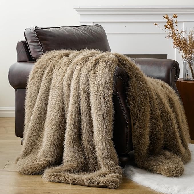BATTILO HOME Luxury Tan Fluffy Faux Fur Throw Blanket, Cozy Warm Large Fur Blanket for Couch, Sofa, Chair, Bed, Plush Fuzzy Fur Throws with Long Pile, 60"x80"(Khaki)
