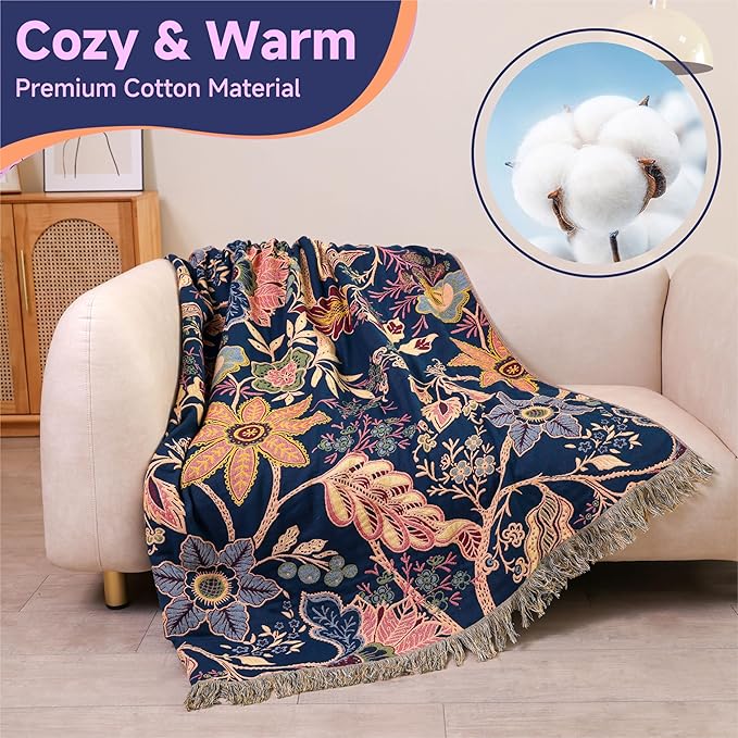 STASOPTK Boho Cotton Throw Blanket - Ultra-Soft Rustic Quilt for Bed, Home Decor & Travel - Large 90"x98" Muslin Blanket - All-Season Lightweight Bedspread & Throw for Women & Moms