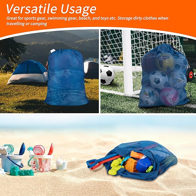 Polecasa Extra Heavy Duty Large Diamond Mesh Laundry Bags with Drawstring Closure & ID Tag, 24 x 36 inches Washable Storage Bag for College, Travel, Sports, Dorms, Blue