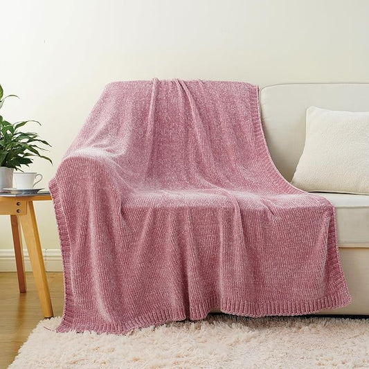 BATTILO HOME Chenille Throw Blanket for Couch, Pink Blanket Throw Chenille Knitted Blankets for Home Decor, Super Soft Blush Pink Throws for Bed Sofa Living Room, 51"x67"