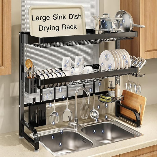 3 Tier Extra Large Stainless Steel Expandable Over The Sink Dish Drainer Drying Rack, Rust Proof Metal, Space Saving, Modern Black Big Capacity Extendable Plate Strainers Above Kitchen Counter